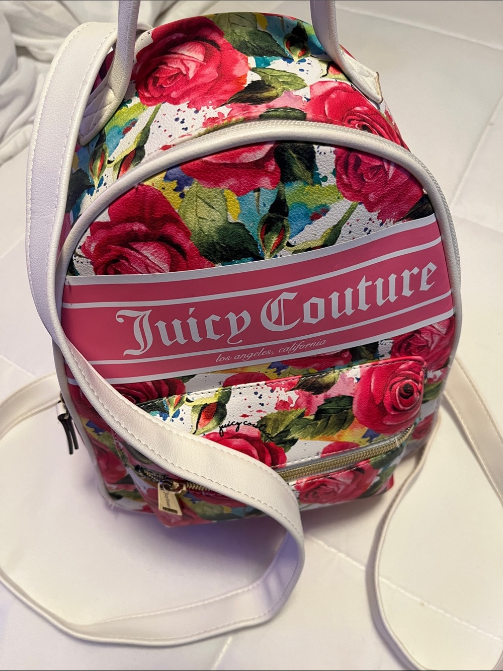 Juicy Couture Pink and White Rose Print Mini Backpack EUC